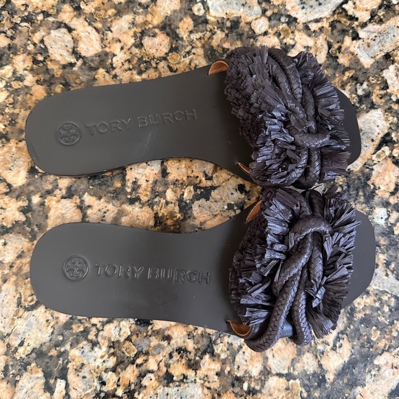 Tory Burch Raffia Fringe Rope Flat Open Toe Slide Leather Sandal Brown - Picture 9 of 11